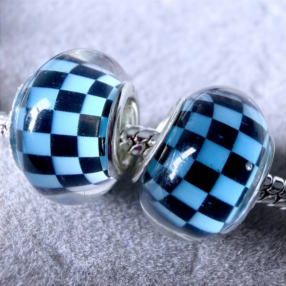 2PCs Blue Black Checkered Charm Bead fits PANDORA